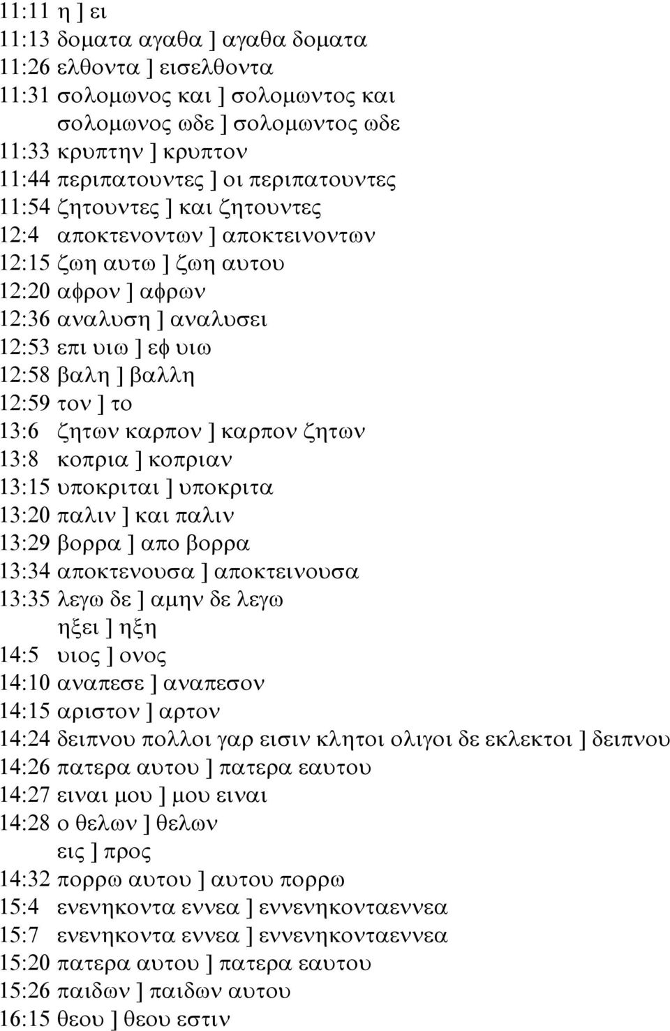 τον ] το 13:6 ζητων καρπον ] καρπον ζητων 13:8 κοπρια ] κοπριαν 13:15 υποκριται ] υποκριτα 13:20 παλιν ] και παλιν 13:29 βορρα ] απο βορρα 13:34 αποκτενουσα ] αποκτεινουσα 13:35 λεγω δε ] αµην δε