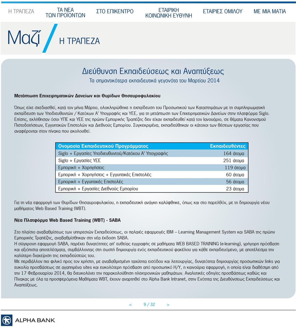 πλατφόρµα iglo. Επίσης, εκλήθησαν όσοι ΥΠΕ και ΥΕΕ της πρώην Εµπορικής Τραπέζης δεν είχαν εκπαιδευθεί κατά τον Ιανουάριο, σε θέµατα Κανονισµού Πιστοδοτήσεων, Εγγυητικών Επιστολών και ιεθνούς Εµπορίου.