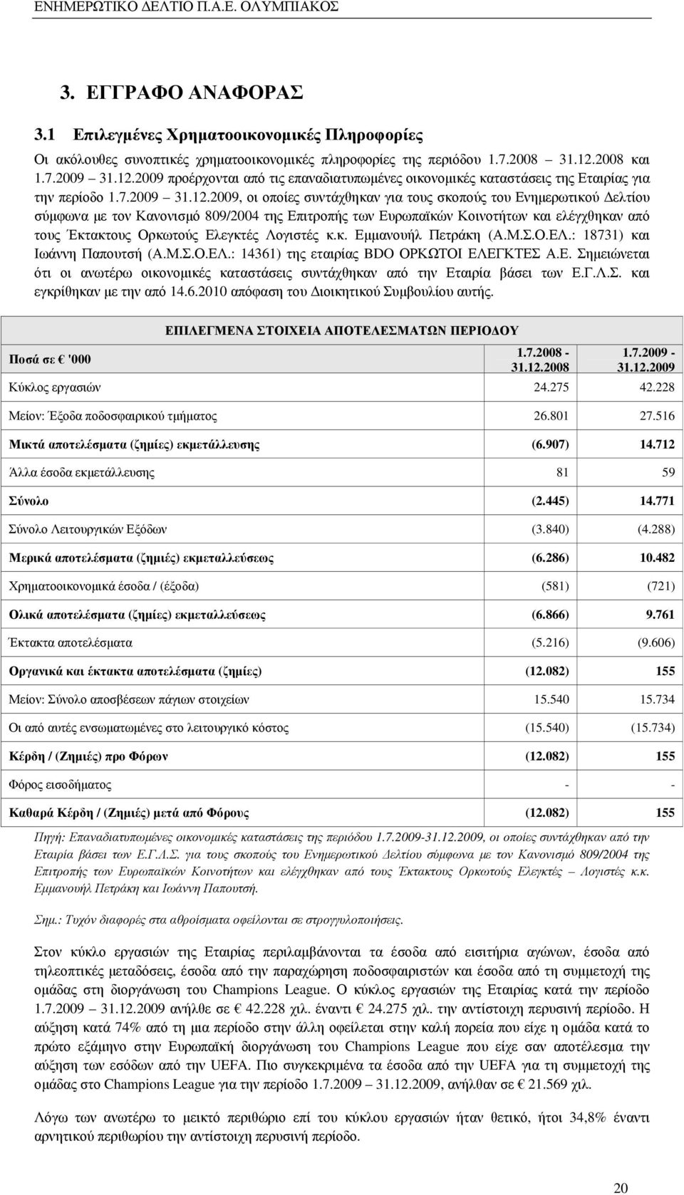 2009 προέρχονται από τις επαναδιατυπωµένες οικονοµικές καταστάσεις της Εταιρίας για την περίοδο 1.7.2009 31.12.