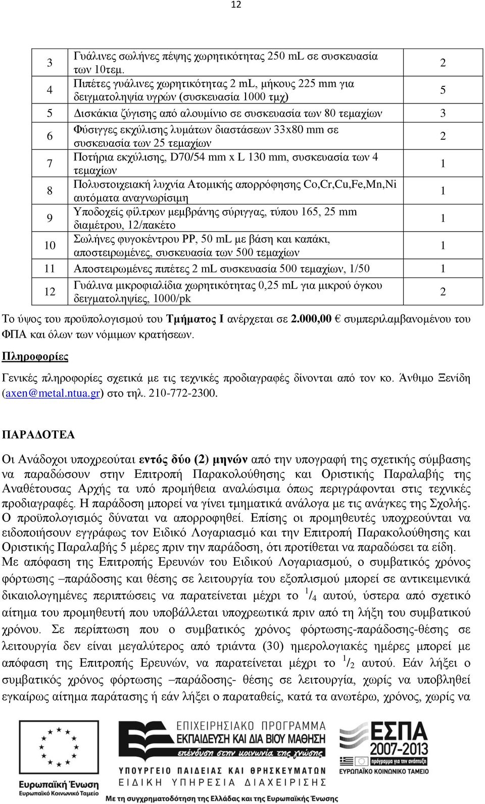 διαστάσεων 33x80 mm σε συσκευασία των 25 τεμαχίων 2 7 Ποτήρια εκχύλισης, D70/54 mm x L 130 mm, συσκευασία των 4 τεμαχίων 1 8 Πολυστοιχειακή λυχνία Ατομικής απορρόφησης Co,Cr,Cu,Fe,Mn,Ni αυτόματα