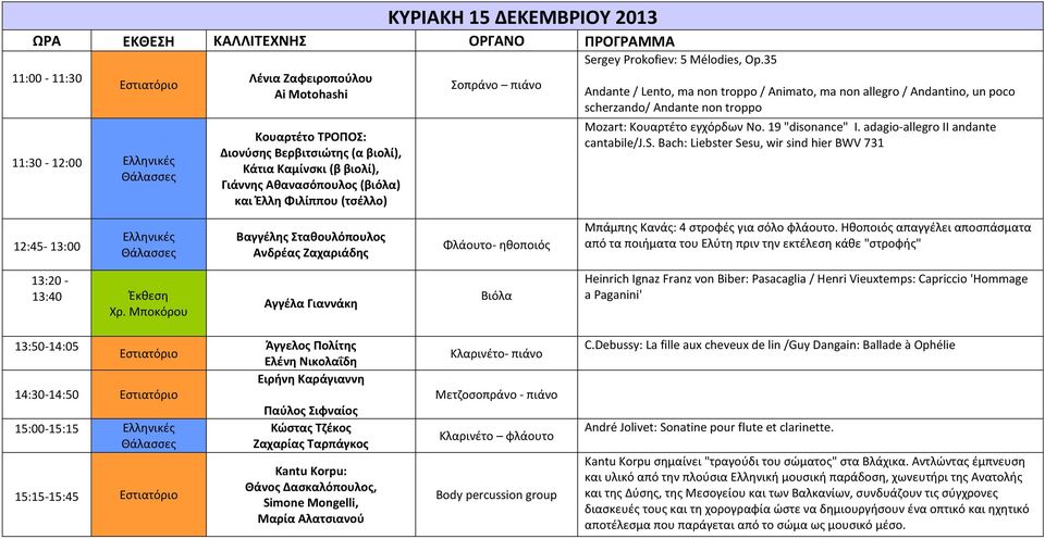 35 Andante / Lento, ma non troppo / Animato, ma non allegro / Andantino, un poco scherzando/ Andante non troppo Μozart: Κουαρτέτο εγχόρδων Νο. 19 "disonance" I. adagio-allegro II andante cantabile/j.