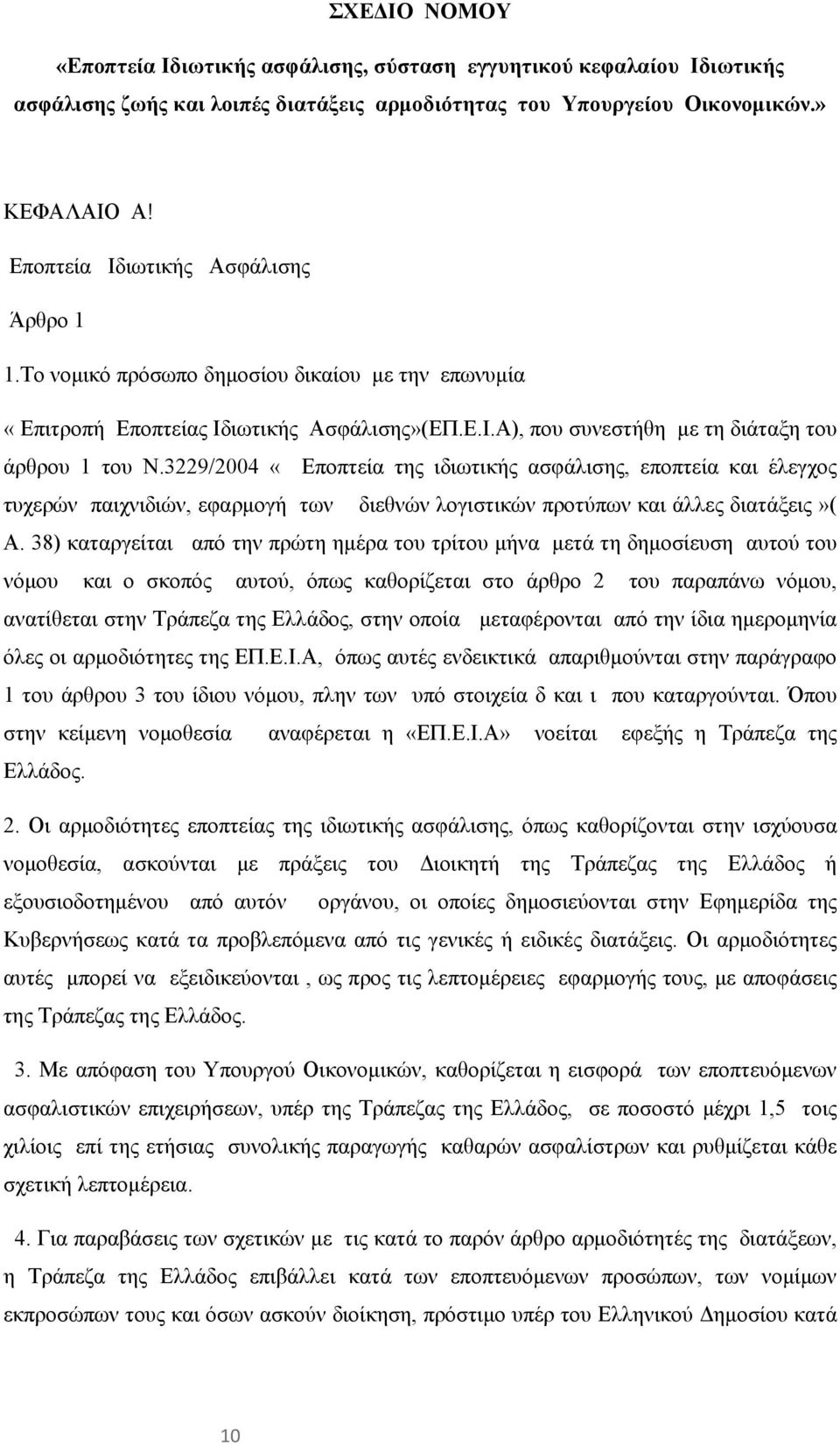 3229/2004 «Εποπτεία της ιδιωτικής ασφάλισης, εποπτεία και έλεγχος τυχερών παιχνιδιών, εφαρμογή των διεθνών λογιστικών προτύπων και άλλες διατάξεις»( Α.