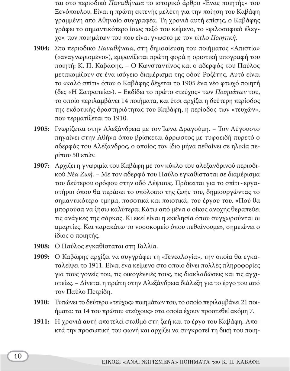 1904: Στο περιοδικό Παναθήναια, στη δημοσίευση του ποιήματος «Απιστία» («αναγνωρισμένο»), εμφανίζεται πρώτη φορά η οριστική υπογραφή του ποιητή: Κ. Π. Καβάφης.