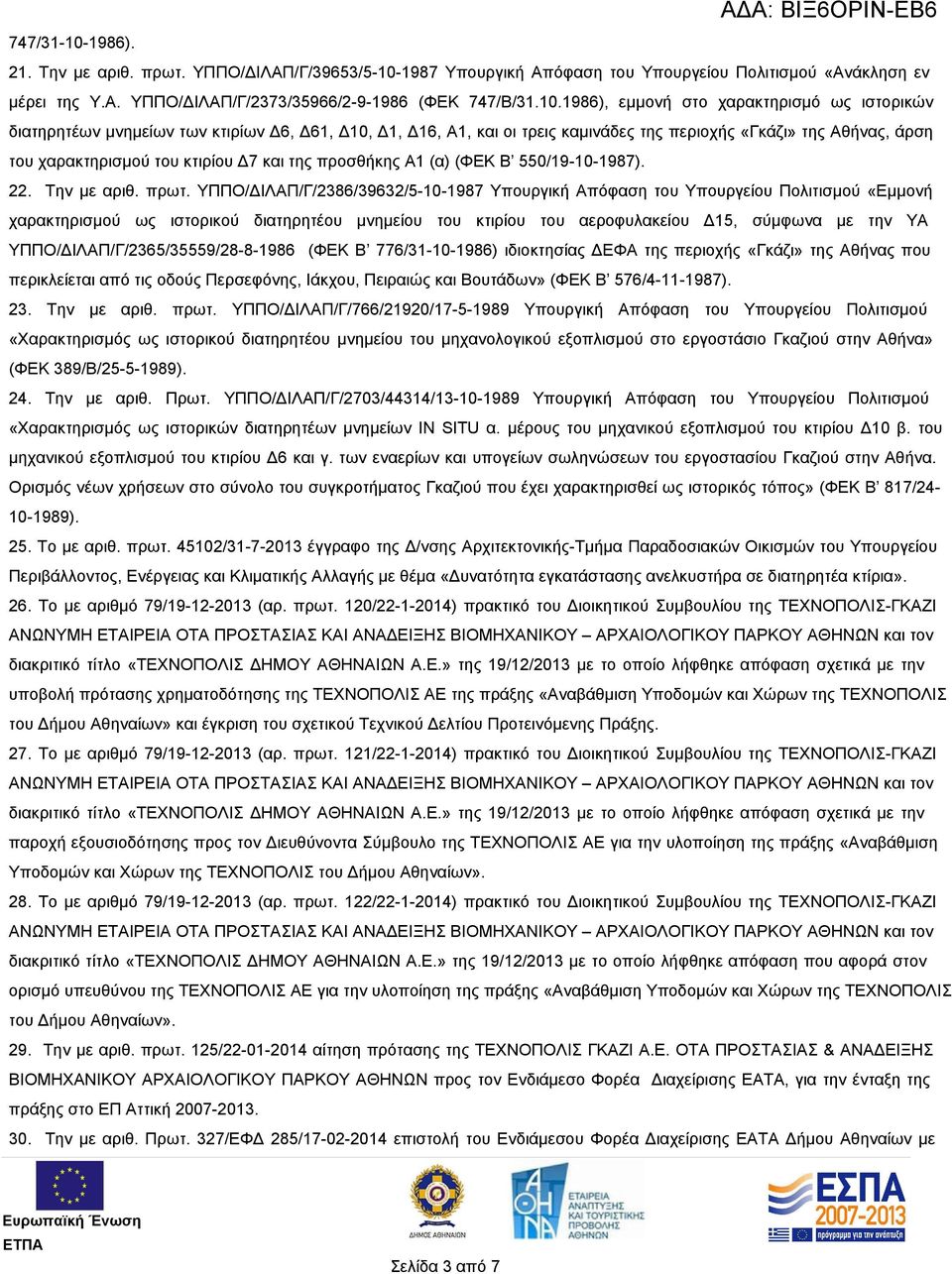 1987 Υπουργική Απόφαση του Υπουργείου Πολιτισμού «Ανάκληση εν μέρει της Υ.Α. ΥΠΠΟ/ΔΙΛΑΠ/Γ/2373/35966/2-9-1986 (ΦΕΚ 747/Β/31.10.