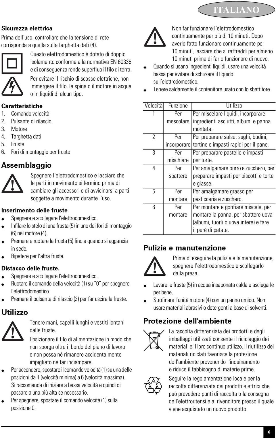 Per evitare il rischio di scosse elettriche, non immergere il filo, la spina o il motore in acqua o in liquidi di alcun tipo. Caratteristiche 1. Comando velocità 2. Pulsante di rilascio 3. Motore 4.