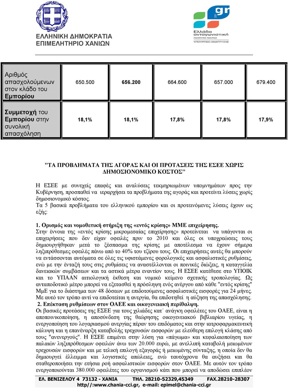 λα ηεξαξρήζεη ηα πξνβιήκαηα ηεο αγνξάο θαη πξνηείλεη ιχζεηο ρσξίο δεκνζηνλνκηθφ θφζηνο. Τα 5 βαζηθά πξνβιήκαηα ηνπ ειιεληθνχ εκπνξίνπ θαη νη πξνηεηλφκελεο ιχζεηο έρνπλ σο εμήο: 1.