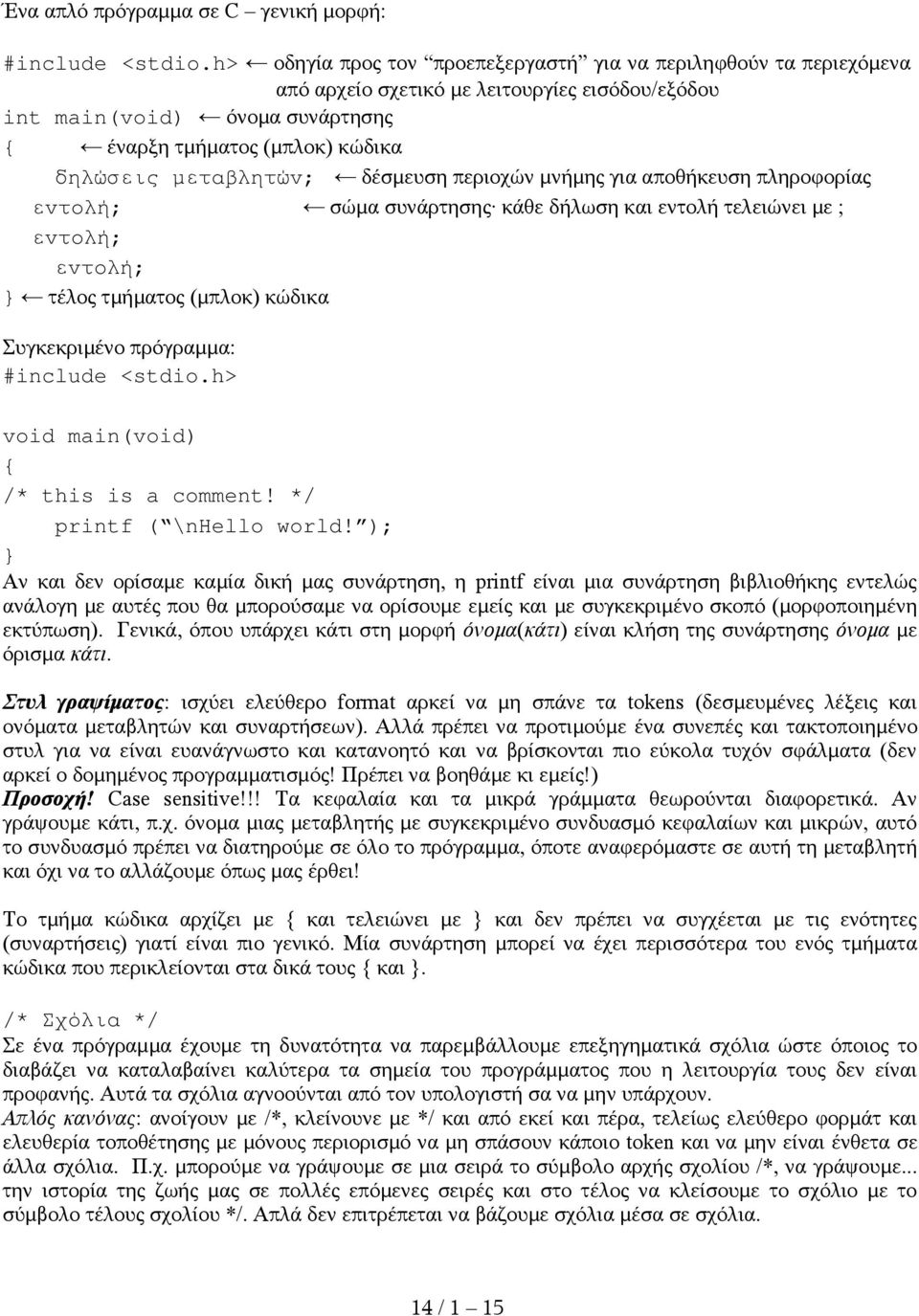 μεταβλητών; δέσμευση περιοχών μνήμης για αποθήκευση πληροφορίας εντολή; σώμα συνάρτησης κάθε δήλωση και εντολή τελειώνει με ; εντολή; εντολή; } τέλος τμήματος (μπλοκ) κώδικα Συγκεκριμένο πρόγραμμα: