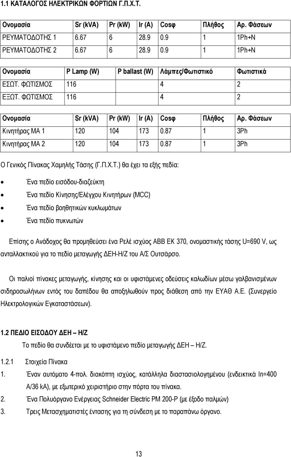 ΦΩΤΙΣΜΟΣ 116 4 2 Ονοµασία Sr (kva) Pr (kw) Ir (A) Cosφ Πλήθος Αρ. Φάσεων Κινητήρας MA 1 120 104 173 0.87 1 3Ph Κινητήρας MA 2 120 104 173 0.87 1 3Ph O Γενικός Πίνακας Χαµηλής Τάσης (Γ.Π.Χ.Τ.) θα έχει