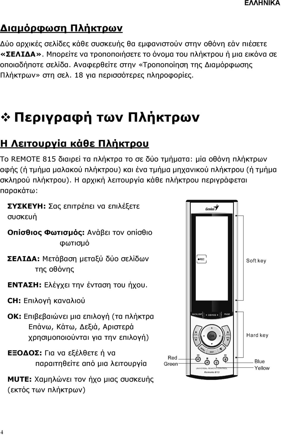 Περιγραφή των Πλήκτρων Η Λειτουργία κάθε Πλήκτρου Το REMOTE 815 διαιρεί τα πλήκτρα το σε δύο τµήµατα: µία οθόνη πλήκτρων αφής (ή τµήµα µαλακού πλήκτρου) και ένα τµήµα µηχανικού πλήκτρου (ή τµήµα