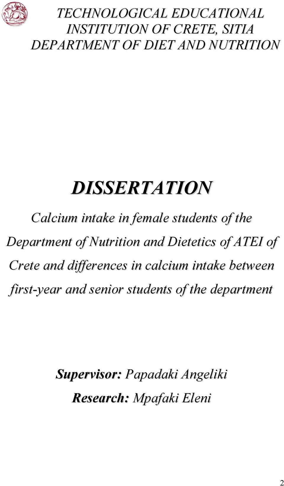 Nutrition and Dietetics of ATEI of Crete and differences in calcium intake between