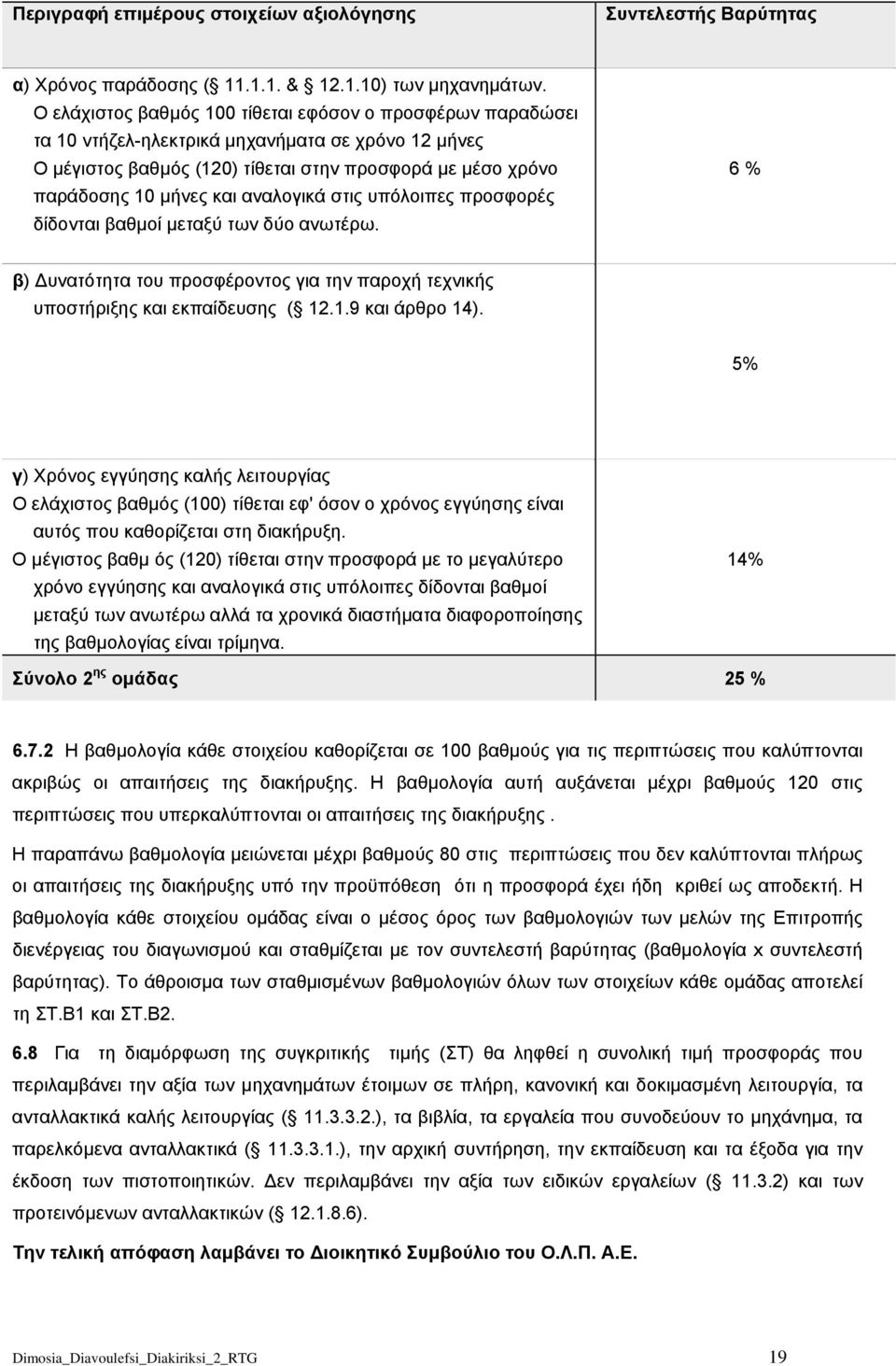 αναλογικά στις υπόλοιπες προσφορές δίδονται βαθμοί μεταξύ των δύο ανωτέρω. 6 % β) υνατότητα του προσφέροντος για την παροχή τεχνικής υποστήριξης και εκπαίδευσης ( 12.1.9 και άρθρο 14).