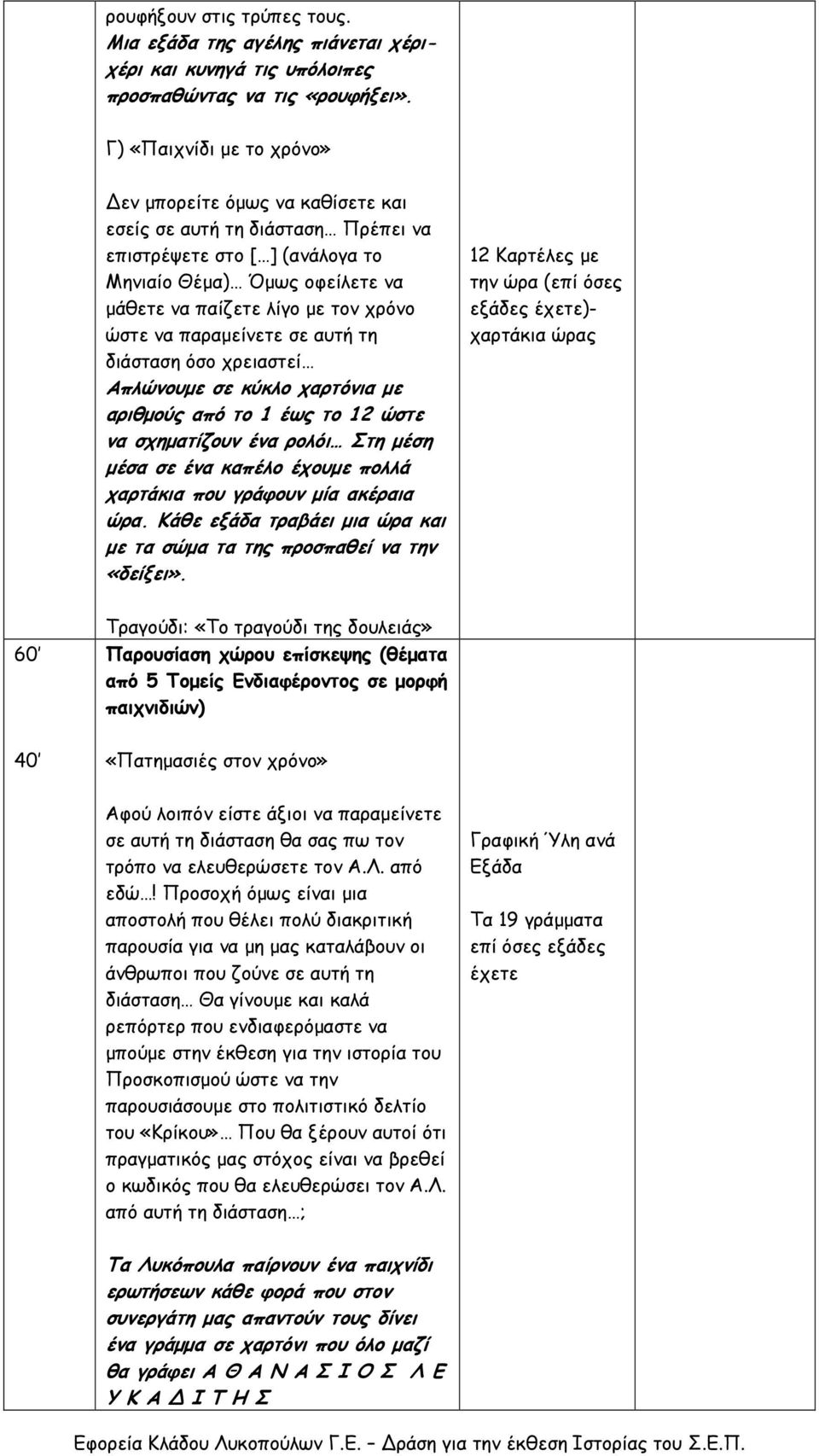 να παραµείνετε σε αυτή τη διάσταση όσο χρειαστεί Απλώνουµε σε κύκλο χαρτόνια µε αριθµούς από το 1 έως το 12 ώστε να σχηµατίζουν ένα ρολόι Στη µέση µέσα σε ένα καπέλο έχουµε πολλά χαρτάκια που γράφουν