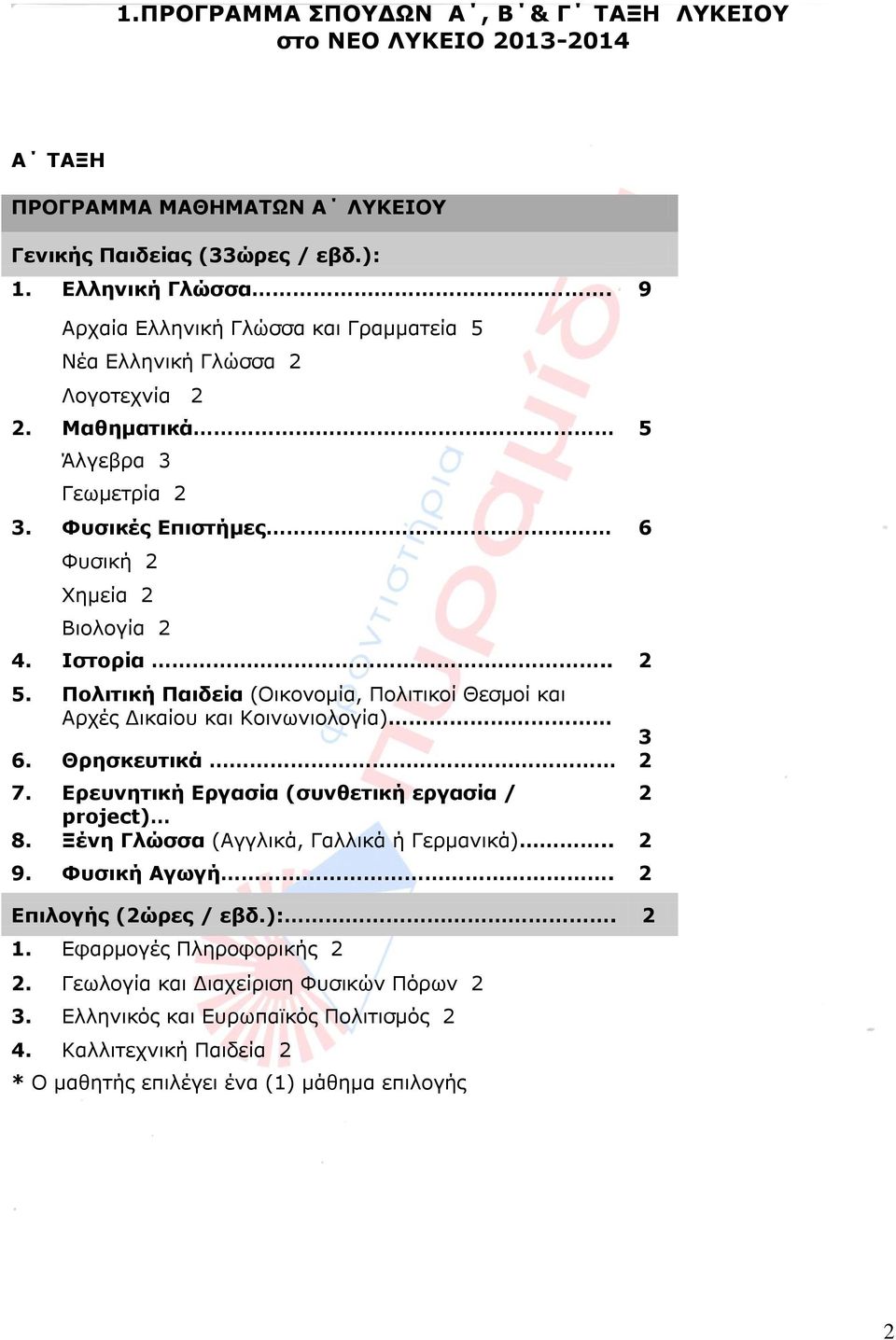 Θξεζθεπηηθά 7. Δξεπλεηηθή Δξγαζία (ζπλζεηηθή εξγαζία / project) 8. Μέλε Γιώζζα (Αγγιηθά, Γαιιηθά ή Γεξκαληθά).. 9. Φπζηθή Αγωγή. Δπηινγήο (ώξεο / εβδ.):. 1. Δθαξκνγέο Ξιεξνθνξηθήο.