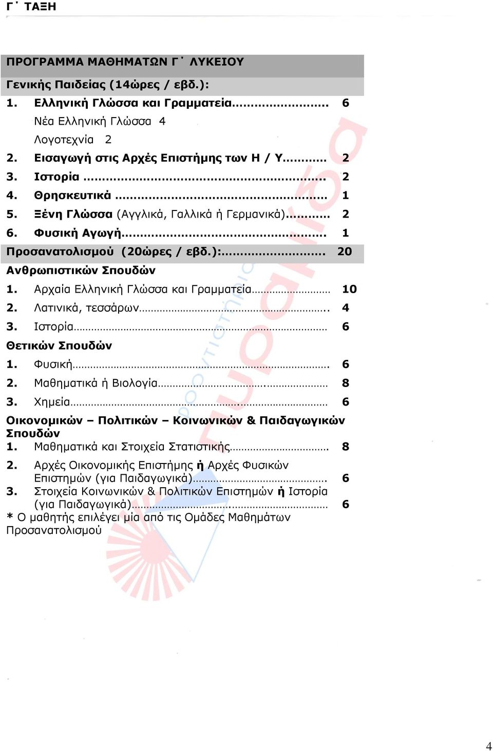 Ηζηνξία 6 Θεηηθώλ Ππνπδώλ 1. Φπζηθή. 6. Καζεκαηηθά ή Βηνινγία. 8 3. Σεκεία. 6 Νηθνλνκηθώλ Ξνιηηηθώλ Θνηλωληθώλ & Ξαηδαγωγηθώλ Ππνπδώλ 1. Καζεκαηηθά θαη Πηνηρεία Πηαηηζηηθήο. 8. Αξρέο Νηθνλνκηθήο Δπηζηήκεο ή Αξρέο Φπζηθψλ Δπηζηεκψλ (γηα Ξαηδαγσγηθά).