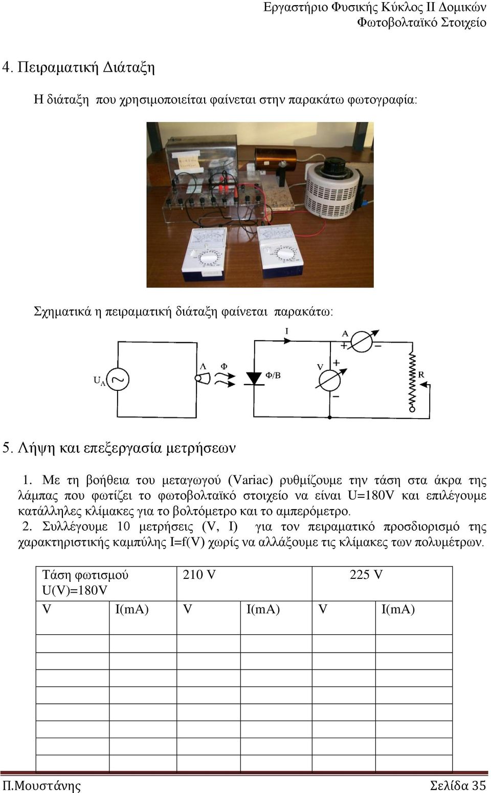 Με ηε βνήζεηα ηνπ κεηαγσγνύ (Variac) ξπζκίδνπκε ηελ ηάζε ζηα άθξα ηεο ιάκπαο πνπ θσηίδεη ην θσηνβνιηατθό ζηνηρείν λα είλαη U=180V θαη επηιέγνπκε