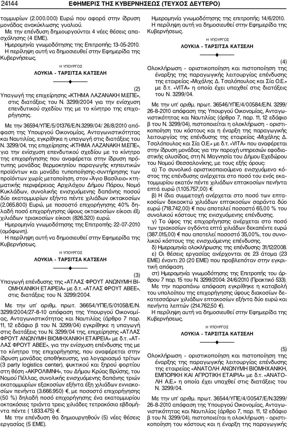 3299/2004 για την ενίσχυση επενδυτικού σχεδίου της με το κίνητρο της επιχο ρήγησης. Με την 36594/ΥΠΕ/5/01376/Ε/Ν.