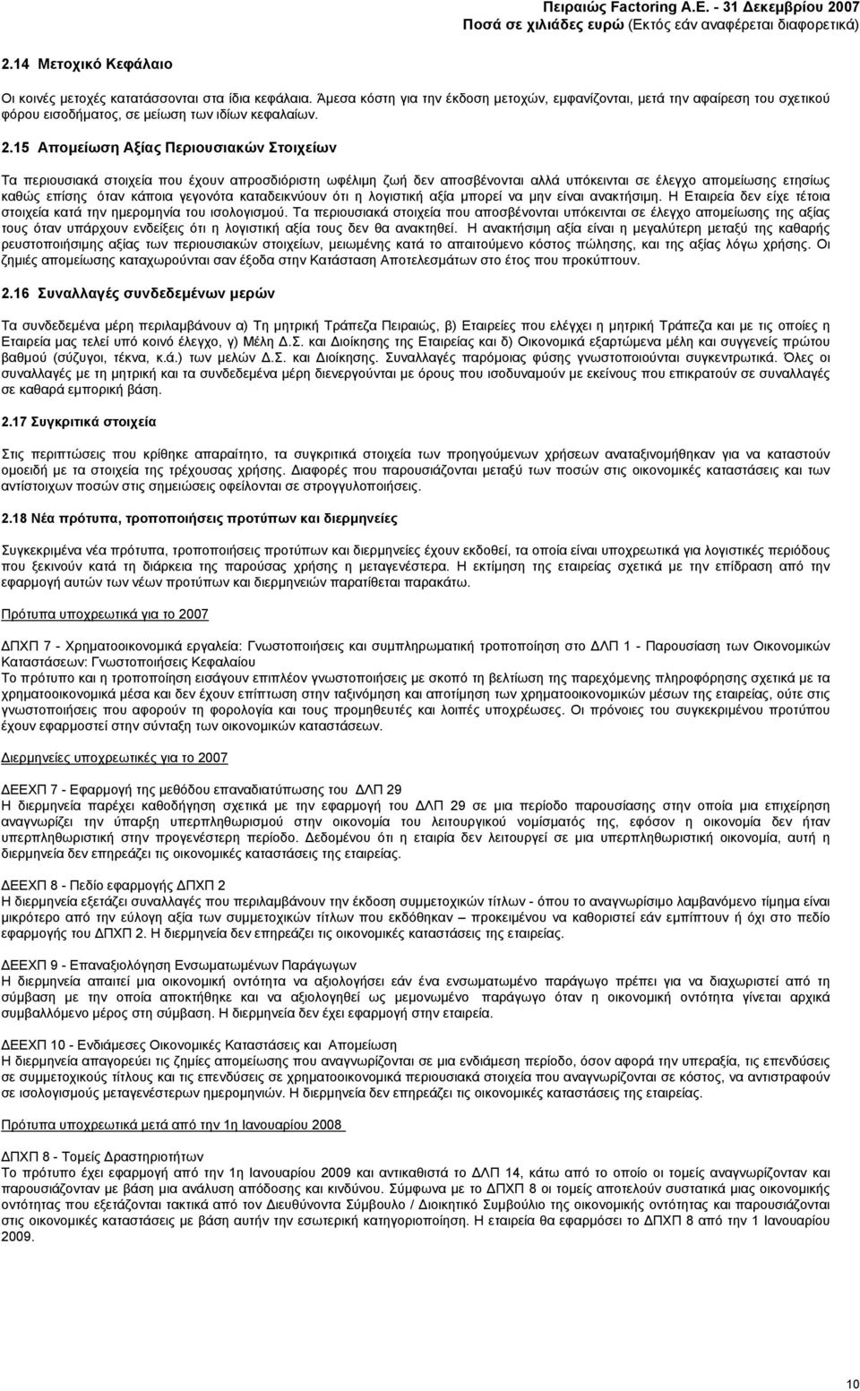 15 Απομείωση Αξίας Περιουσιακών Στοιχείων Τα περιουσιακά στοιχεία που έχουν απροσδιόριστη ωφέλιμη ζωή δεν αποσβένονται αλλά υπόκεινται σε έλεγχο απομείωσης ετησίως καθώς επίσης όταν κάποια γεγονότα