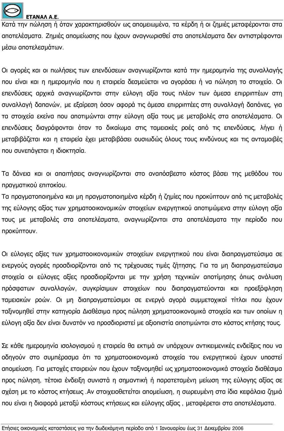 Οι αγορές και οι πωλήσεις των επενδύσεων αναγνωρίζονται κατά την ημερομηνία της συναλλαγής που είναι και η ημερομηνία που η εταιρεία δεσμεύεται να αγοράσει ή να πώληση το στοιχείο.