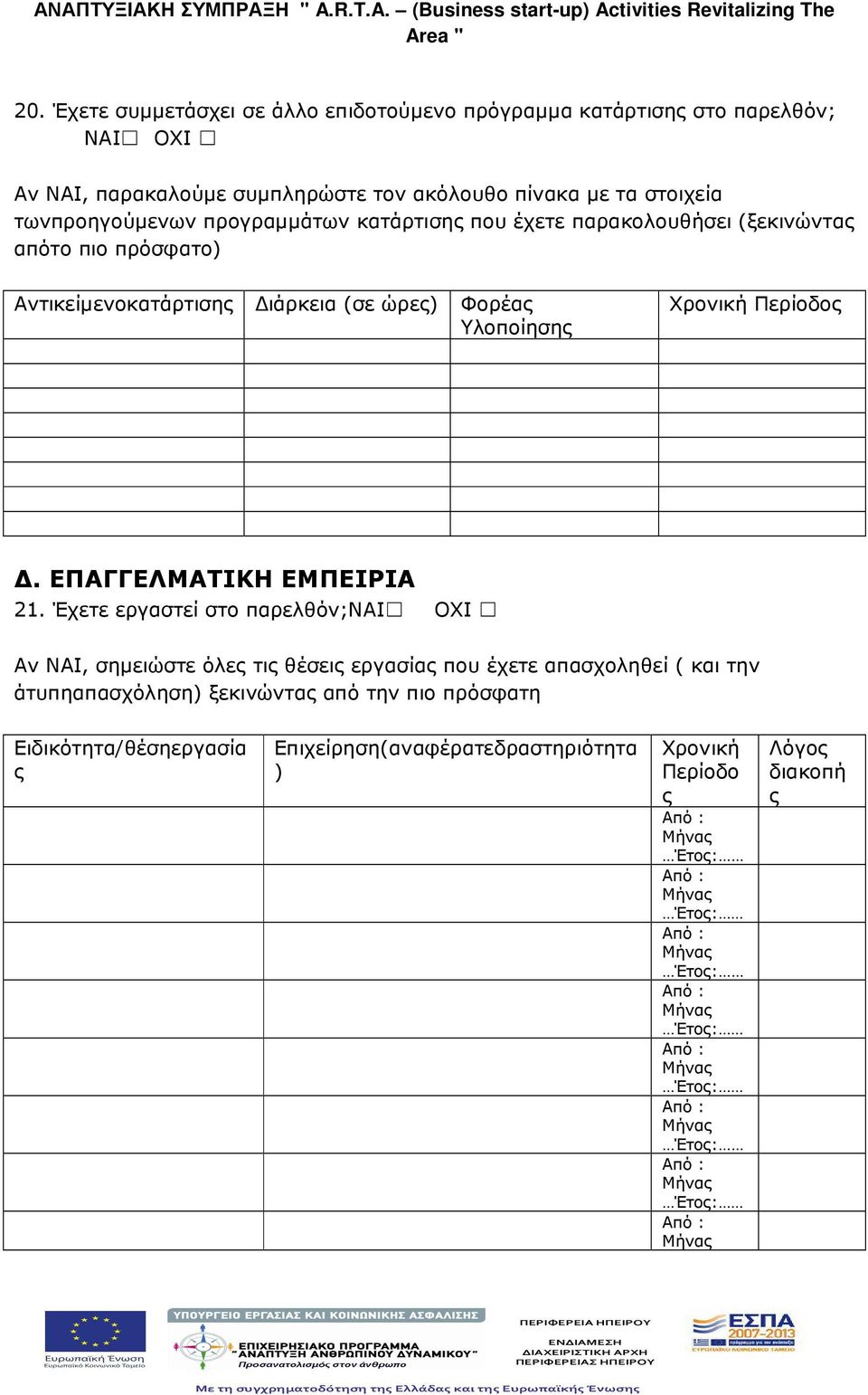 Φορέας Υλοποίησης Χρονική Περίοδος. ΕΠΑΓΓΕΛΜΑΤΙΚΗ ΕΜΠΕΙΡΙΑ 21.