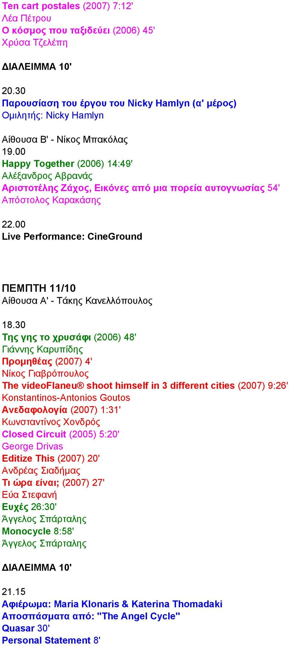 30 Της γης το χρυσάφι (2006) 48' Γιάννης Καρυπίδης Προµηθέας (2007) 4' Νίκος Γιαβρόπουλος The videoflaneu shoot himself in 3 different cities (2007) 9:26' Konstantinos-Antonios Goutos Ανεδαφολογία