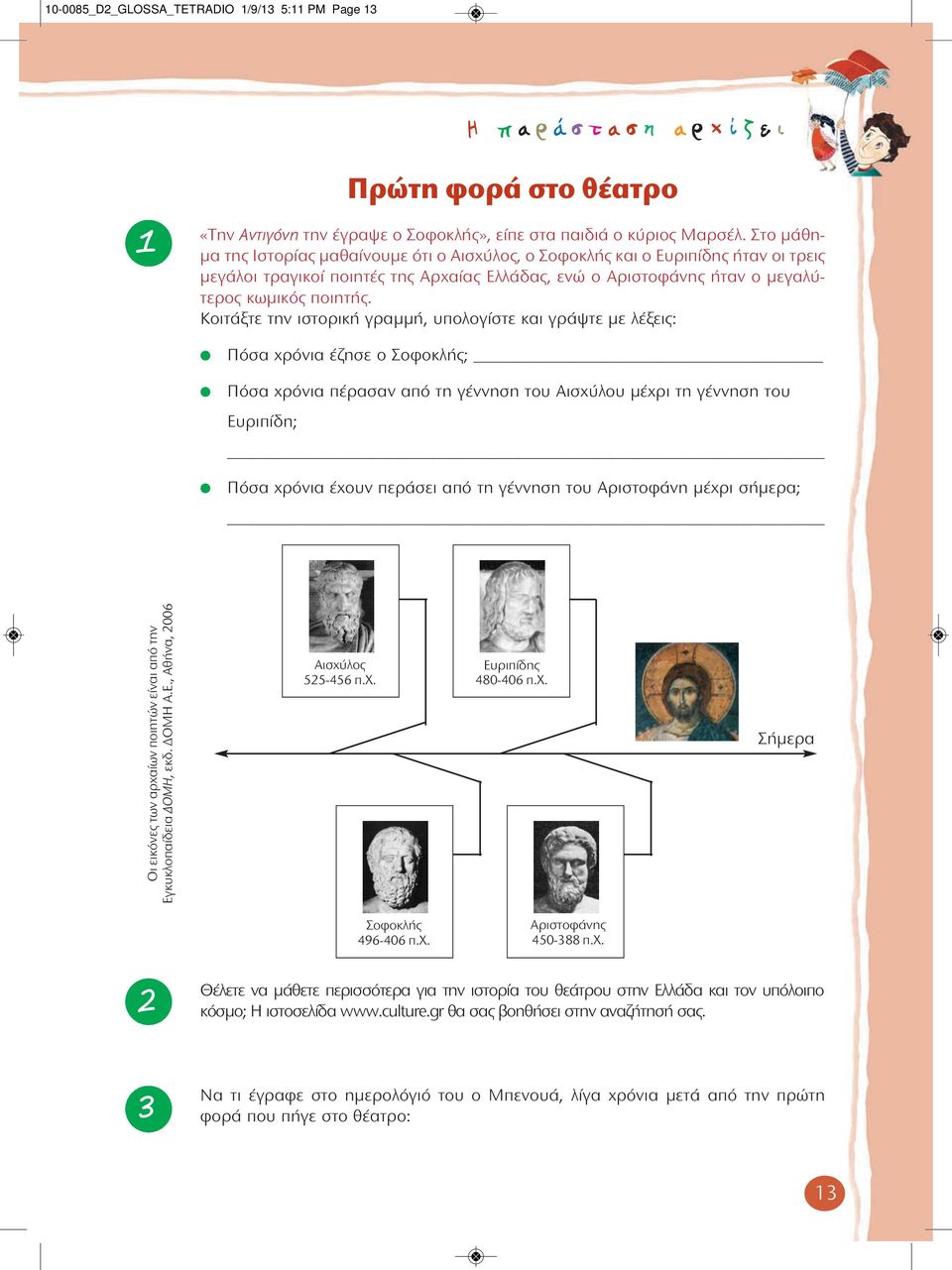 Κοιτάξτε την ιστορική γραμμή, υπολογίστε και γράψτε με λέξεις: l l l Πόσα χρόνια έζησε ο Σοφοκλής; Πόσα χρόνια πέρασαν από τη γέννηση του Αισχύλου μέχρι τη γέννηση του Ευριπίδη; Πόσα χρόνια έχουν