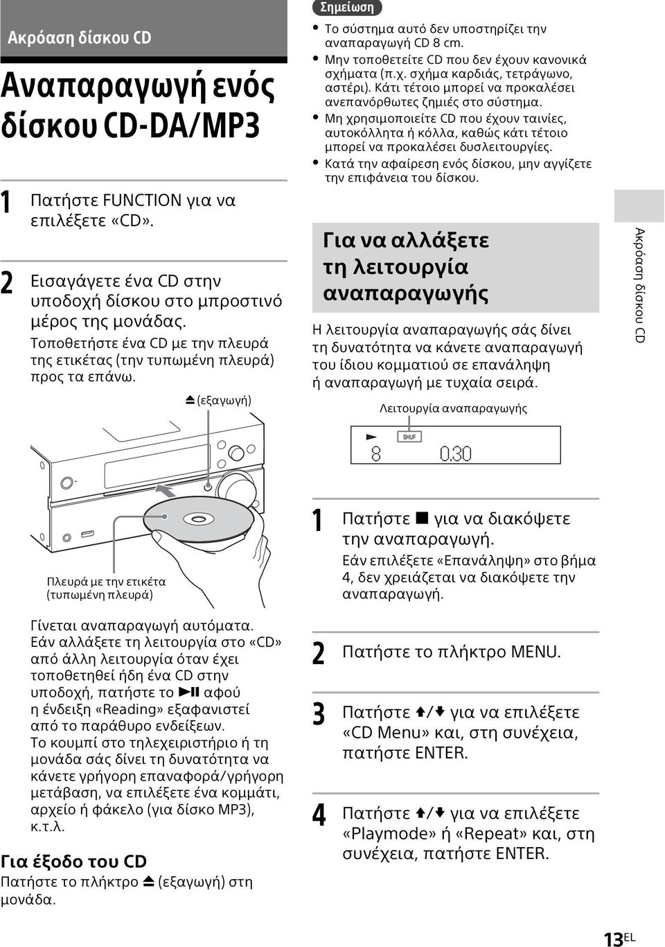 Μην τοποθετείτε CD που δεν έχουν κανονικά σχήματα (π.χ. σχήμα καρδιάς, τετράγωνο, αστέρι). Κάτι τέτοιο μπορεί να προκαλέσει ανεπανόρθωτες ζημιές στο σύστημα.