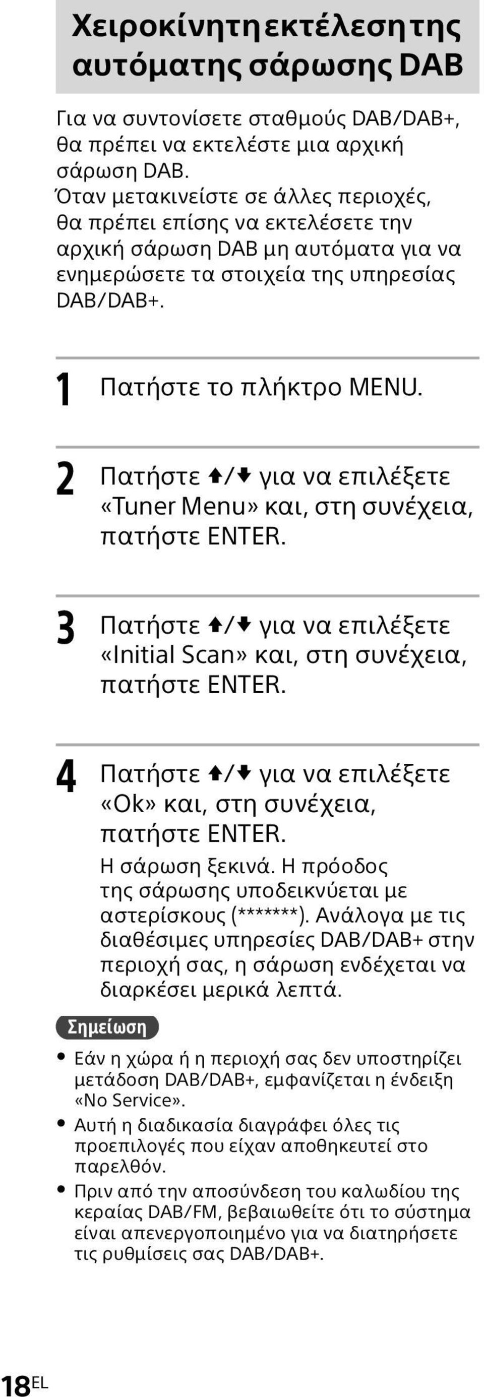 Πατήστε / για να επιλέξετε «Tuner Menu» και, στη συνέχεια, πατήστε ENTER. Πατήστε / για να επιλέξετε «Initial Scan» και, στη συνέχεια, πατήστε ENTER.