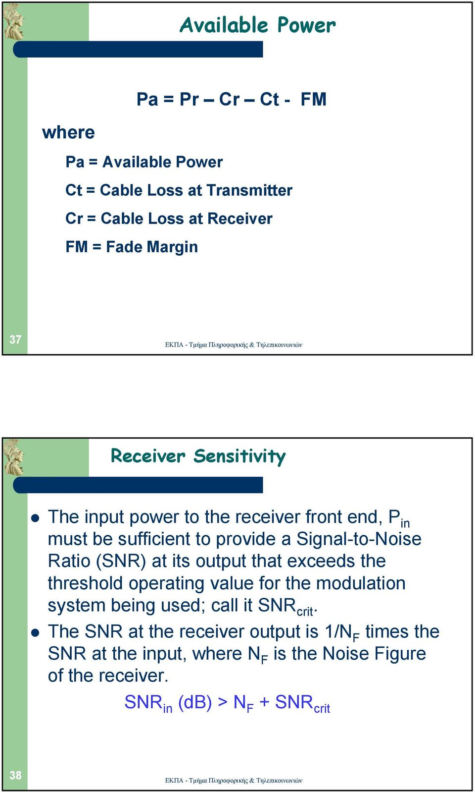 (SNR) at its output that exceeds the threshold operating value for the modulation system being used; call it SNR crit.