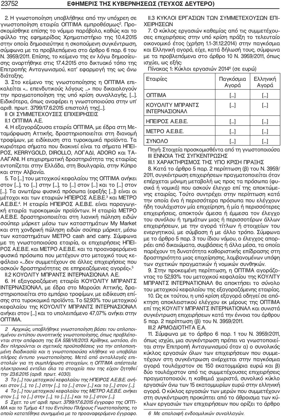 6 του Ν. 3959/2011. Επίσης, το κείμενο της εν λόγω δημοσίευ σης αναρτήθηκε στις 17.4.2015 στο δικτυακό τόπο της Επιτροπής Ανταγωνισμού, κατ εφαρμογή της ως άνω διάταξης. 3. Στο κείμενο της γνωστοποίησης η ΟΠΤΙΜΑ επι καλείται «επενδυτικούς λόγους» που δικαιολογούν την πραγματοποίηση της υπό κρίση συναλλαγής, [.