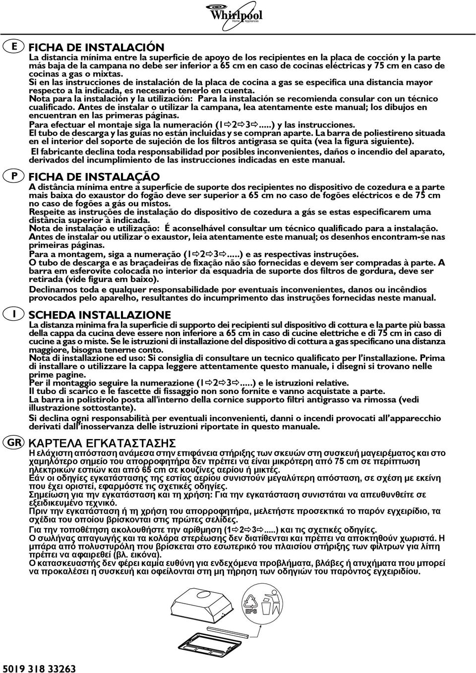 Si en las instrucciones de instalación de la placa de cocina a gas se especifica una distancia mayor respecto a la indicada, es necesario tenerlo en cuenta.