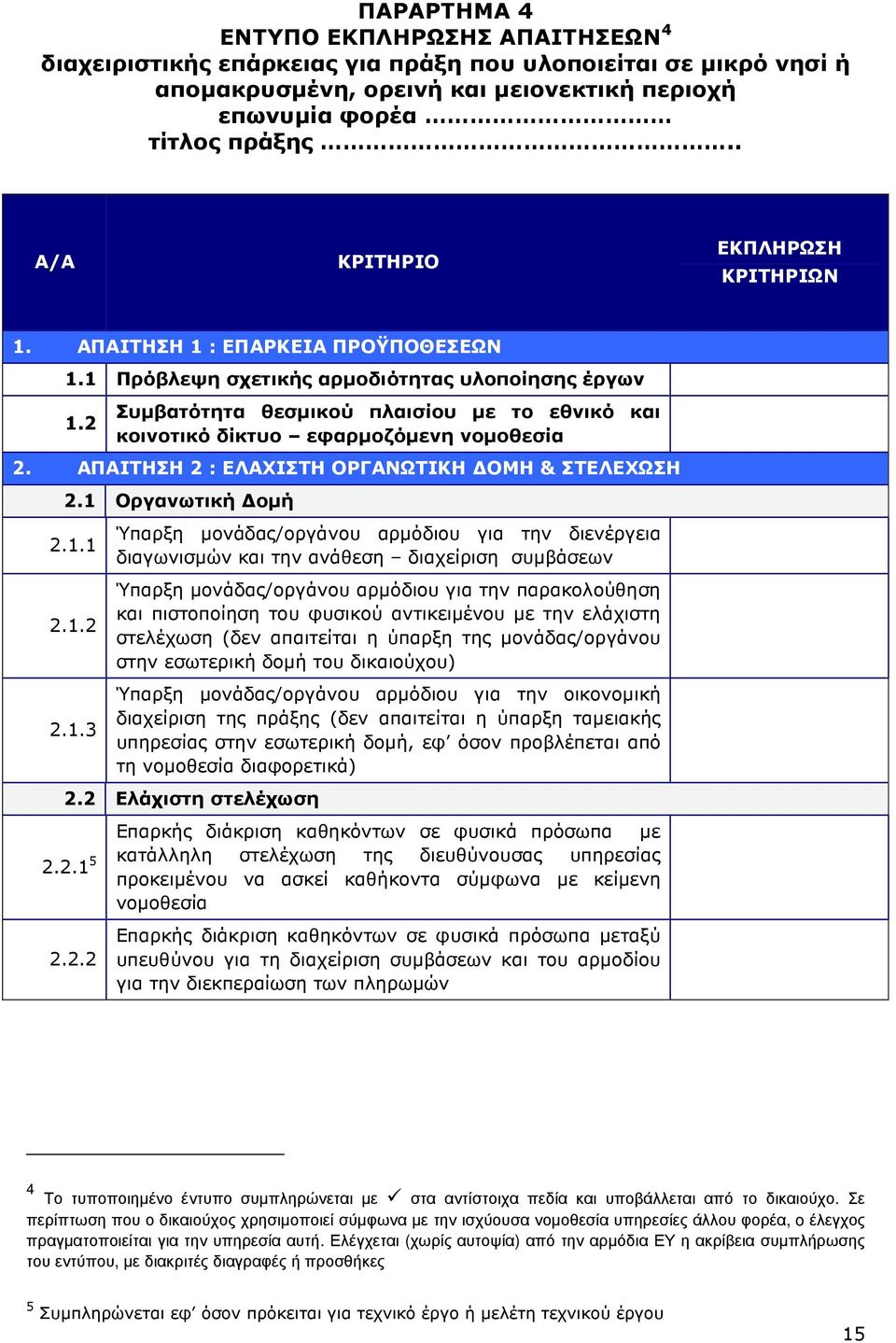 2 Συµβατότητα θεσµικού πλαισίου µε το εθνικό και κοινοτικό δίκτυο εφαρµοζόµενη νοµοθεσία 2. ΑΠΑΙΤΗΣΗ 2 : ΕΛΑΧΙΣΤΗ ΟΡΓΑΝΩΤΙΚΗ ΟΜΗ & ΣΤΕΛΕΧΩΣΗ 2.1 