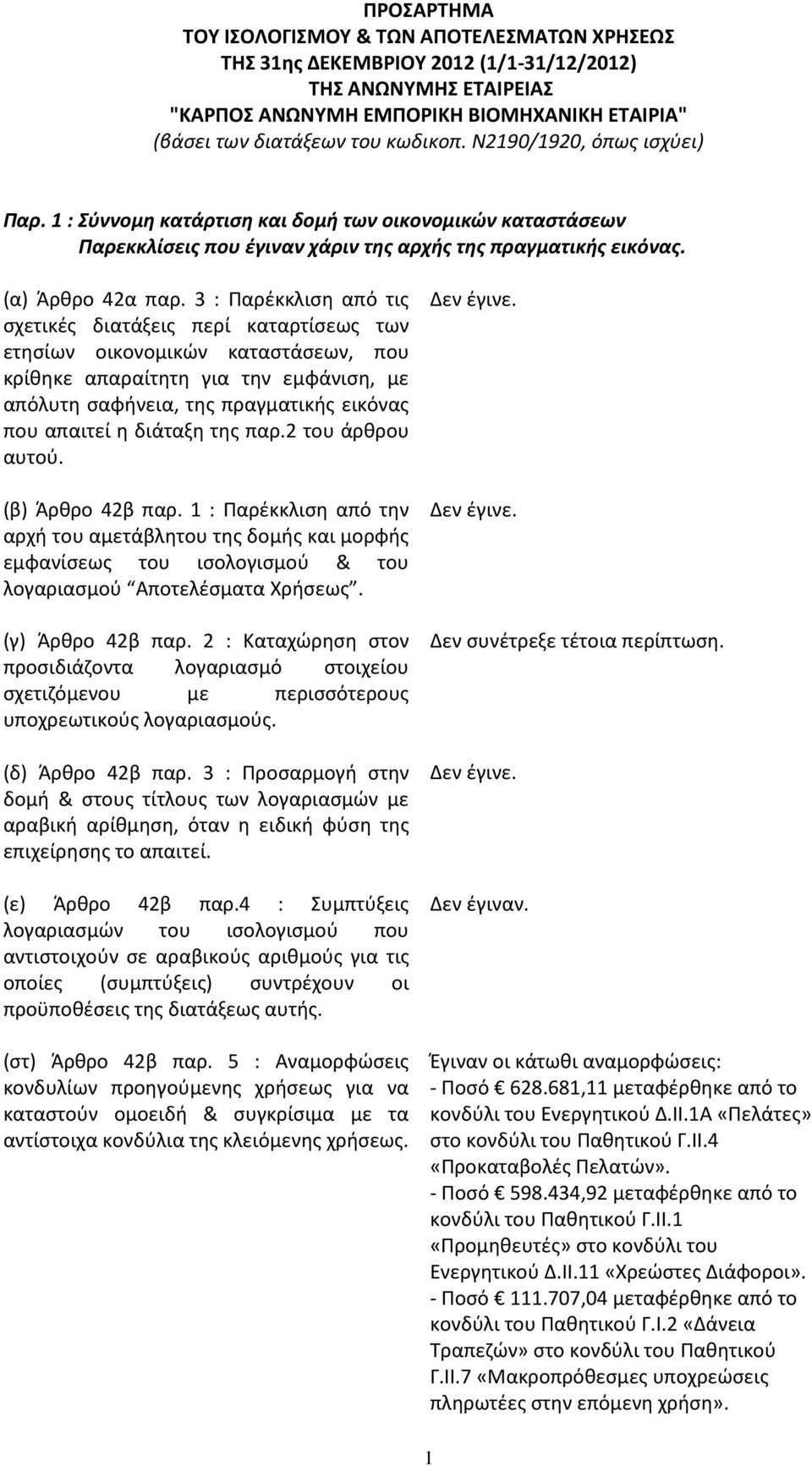 3 : Παρέκκλιση από τις σχετικές διατάξεις περί καταρτίσεως των ετησίων οικονομικών καταστάσεων, που κρίθηκε απαραίτητη για την εμφάνιση, με απόλυτη σαφήνεια, της πραγματικής εικόνας που απαιτεί η