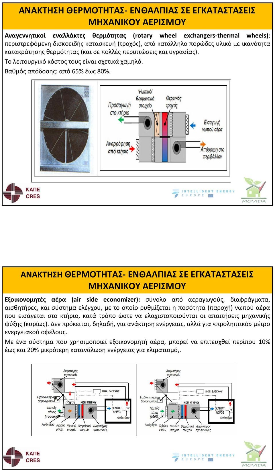 ΑΝΑΚΤΗΣΗ ΘΕΡΜΟΤΗΤΑΣ- ΕΝΘΑΛΠΙΑΣ ΣΕ ΕΓΚΑΤΑΣΤΑΣΕΙΣ ΜΗΧΑΝΙΚΟΥ ΑΕΡΙΣΜΟΥ Εξοικονομητές αέρα (air side economizer): σύνολο από αεραγωγούς, διαφράγματα, αισθητήρες, και σύστημα ελέγχου, με το οποίο