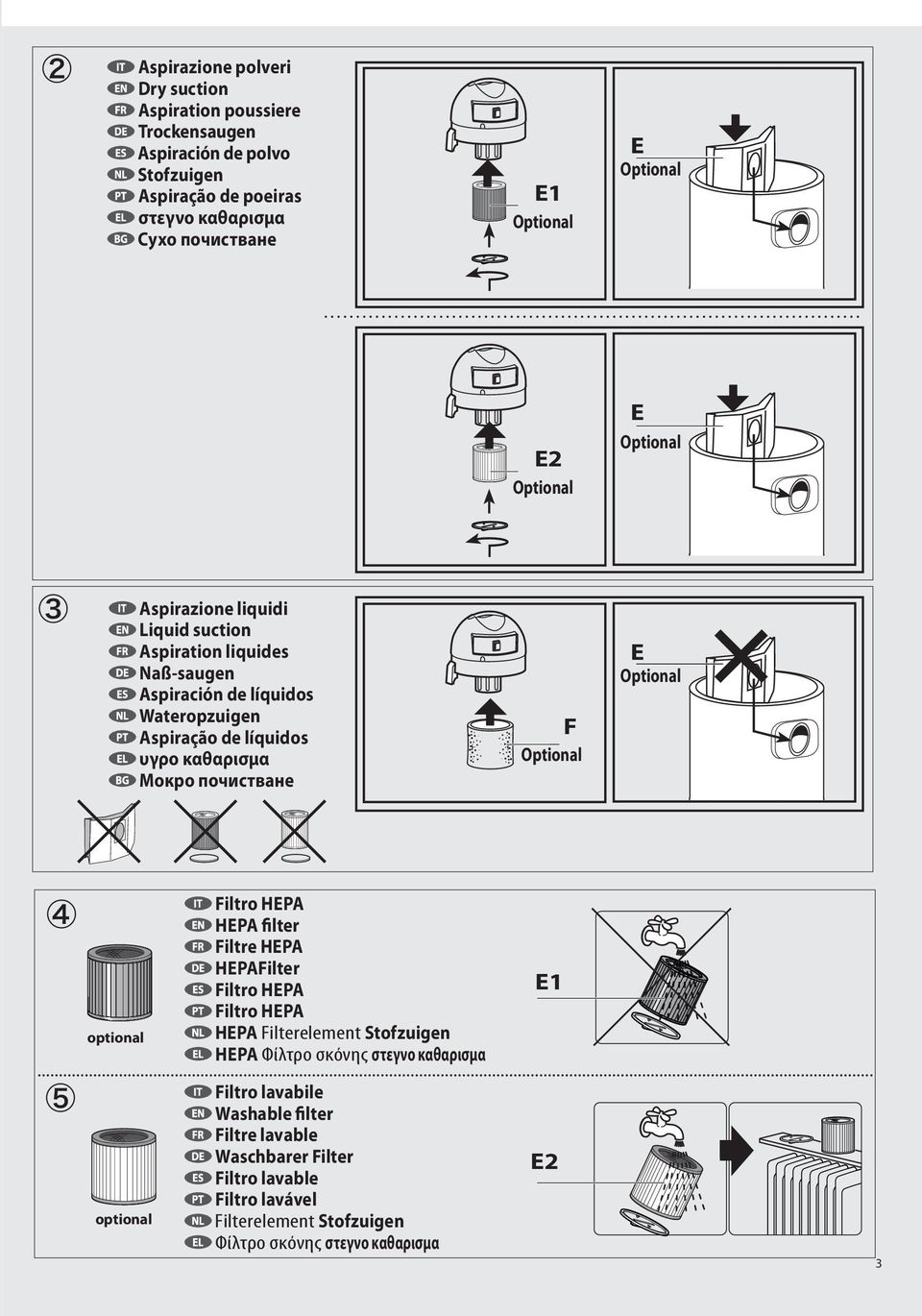 Optional E Optional 4 optional Filtro HEPA HEPA filter Filtre HEPA HEPAFilter Filtro HEPA Filtro HEPA HEPA Filterelement Stofzuigen HEPA Φίλτρο σκόνης στεγνο