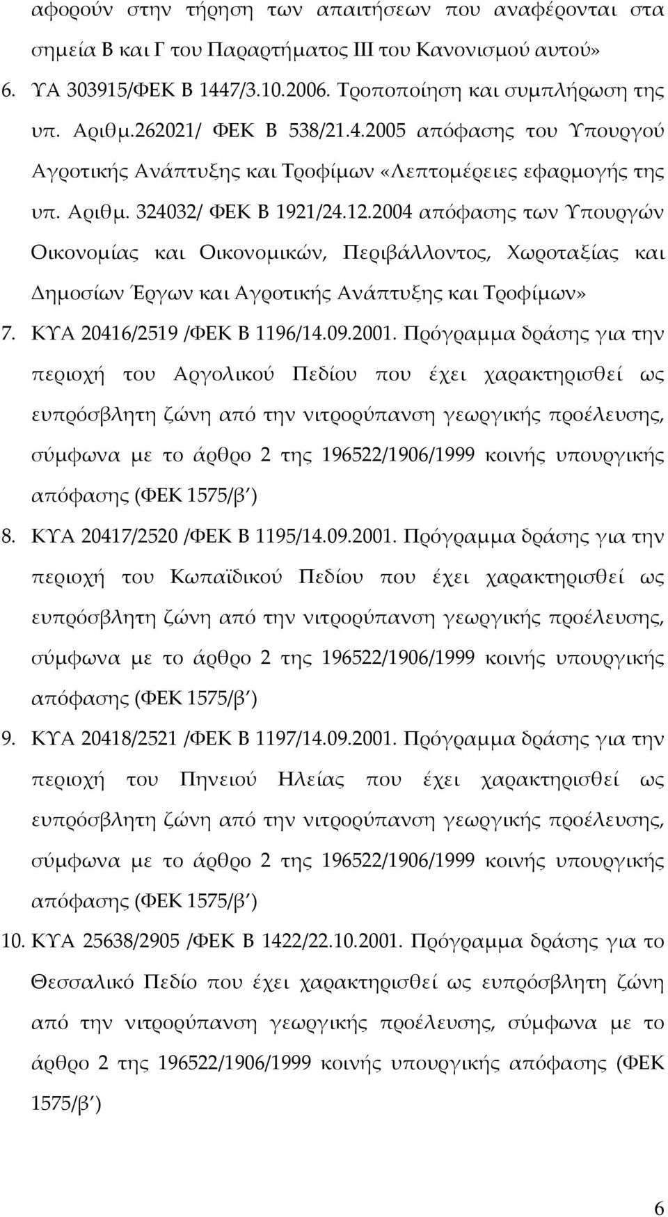 2004 απόφασης των Υπουργών Οικονομίας και Οικονομικών, Περιβάλλοντος, Χωροταξίας και Δημοσίων Έργων και Αγροτικής Ανάπτυξης και Τροφίμων» 7. ΚΥΑ 20416/2519 /ΦΕΚ Β 1196/14.09.2001.