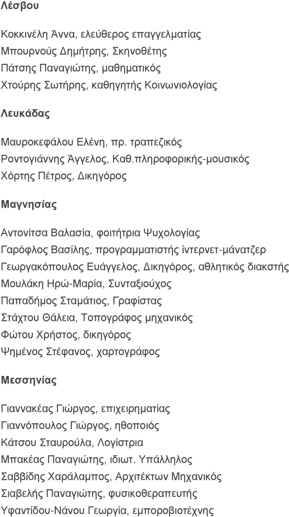 πληροφορικής-μουσικός Χόρτης Πέτρος, Δικηγόρος Μαγνησίας Αντονίτσα Βαλασία, φοιτήτρια Ψυχολογίας Γαρόφλος Βασίλης, προγραμματιστής ίντερνετ-μάνατζερ Γεωργακόπουλος Ευάγγελος, Δικηγόρος, αθλητικός