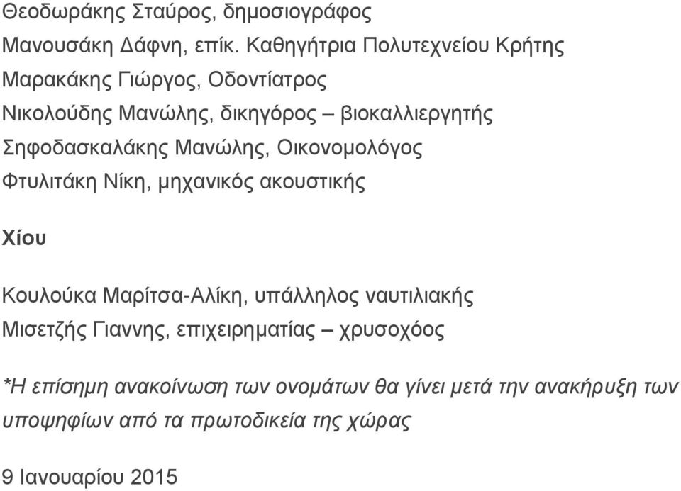 Σηφοδασκαλάκης Μανώλης, Οικονομολόγος Φτυλιτάκη Νίκη, μηχανικός ακουστικής Χίου Κουλούκα Μαρίτσα-Αλίκη, υπάλληλος