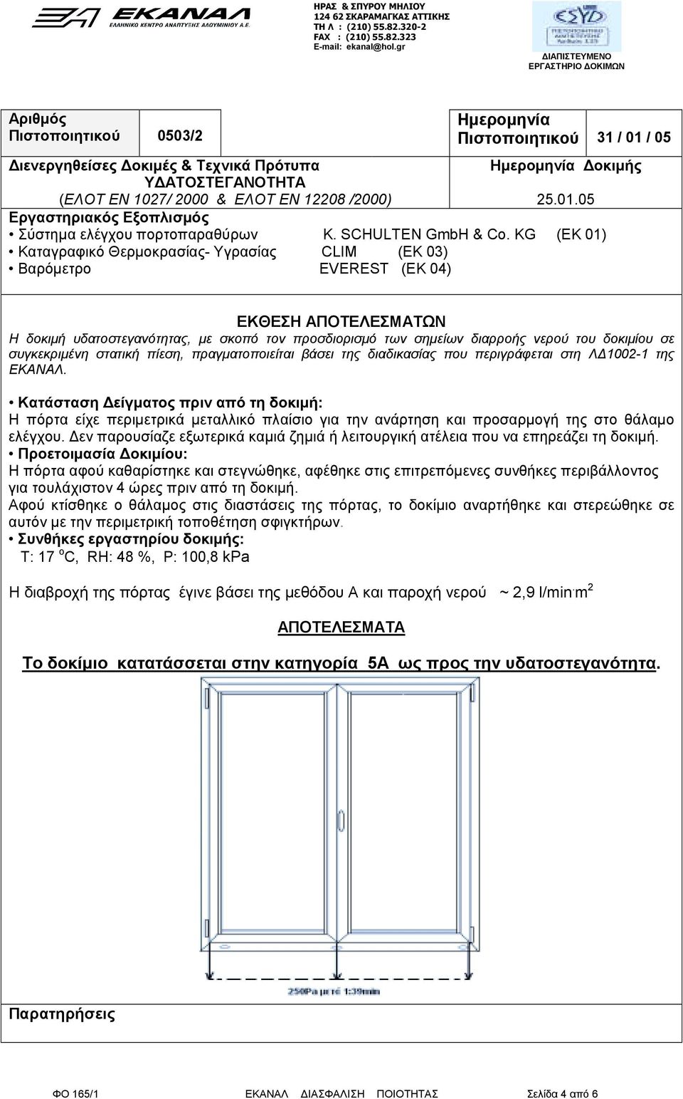 KG (ΕΚ 01) Καταγραφικό Θερµοκρασίας- Υγρασίας CLIM (ΕΚ 03) Βαρόµετρο EVEREST (ΕΚ 04) ΕΚΘΕΣΗ ΑΠΟΤΕΛΕΣΜΑΤΩΝ Η δοκιµή υδατοστεγανότητας, µε σκοπό τον προσδιορισµό των σηµείων διαρροής νερού του δοκιµίου