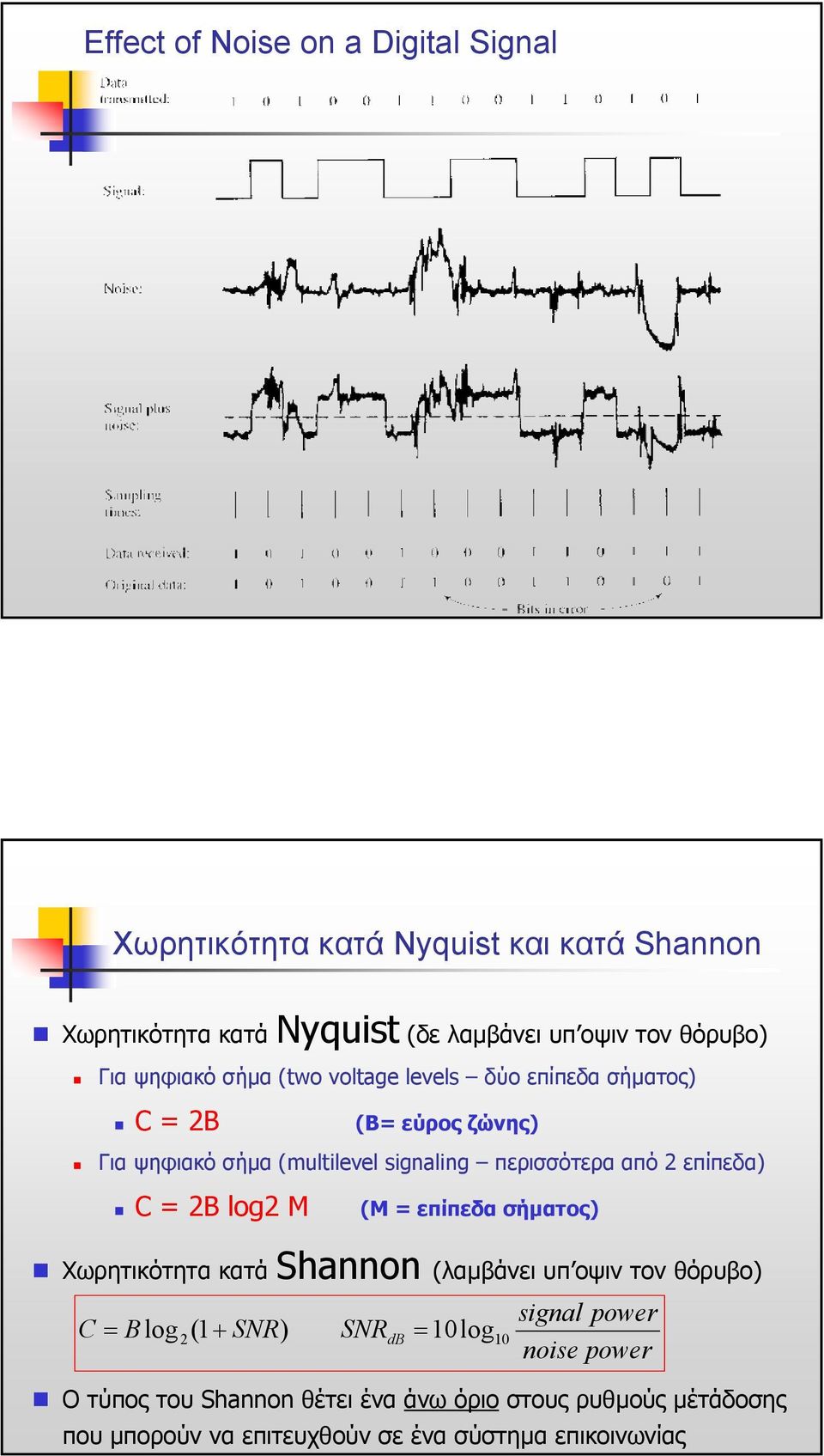 επίπεδα) C = 2B log2 M (Μ = επίπεδα σήµατος) Χωρητικότητα κατά Shannon (λαµβάνει υπ οψιν τον θόρυβο) C = B log 2(1 + SNR) SNRdB = 10log10