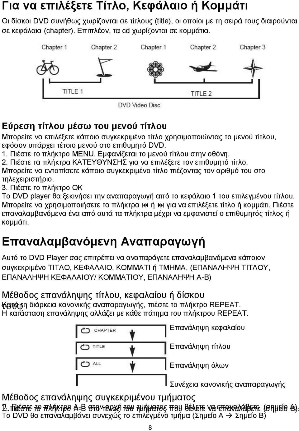 Εμφανίζεται το μενού τίτλου στην οθόνη. 2. Πιέστε τα πλήκτρα ΚΑΤΕΥΘΥΝΣΗΣ για να επιλέξετε τον επιθυμητό τίτλο.