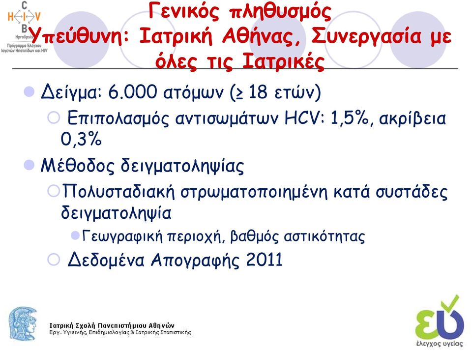 000 ατόµων ( 18 ετών) Επιπολασµός αντισωµάτων HCV: 1,5%, ακρίβεια 0,3%