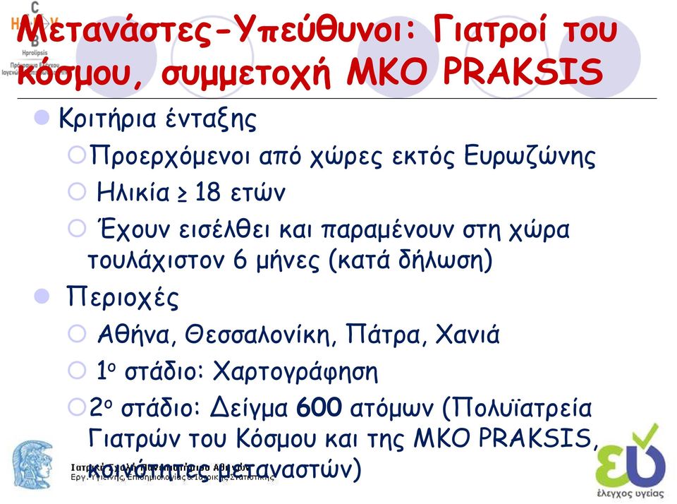 µήνες (κατά δήλωση) Περιοχές Αθήνα, Θεσσαλονίκη, Πάτρα, Χανιά 1 ο στάδιο: Χαρτογράφηση 2 ο