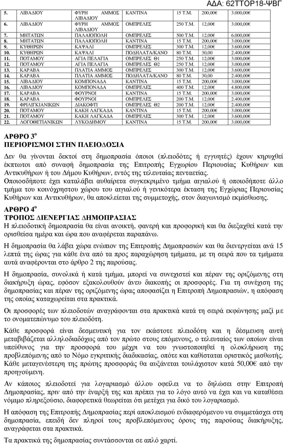 ΠΟΤΑΜΟΥ ΑΓΙΑ ΠΕΛΑΓΙΑ ΟΜΠΡΕΛΕΣ Θ1 250 Τ.Μ. 12,00 3.000,00 12. ΠΟΤΑΜΟΥ ΑΓΙΑ ΠΕΛΑΓΙΑ ΟΜΠΡΕΛΕΣ Θ2 250 Τ.Μ. 12,00 3.000,00 13. ΚΑΡΑΒΑ ΠΛΑΤΙΑ ΑΜΜΟΣ ΟΜΠΡΕΛΕΣ 300 Τ.Μ. 12,00 3.600,00 14.