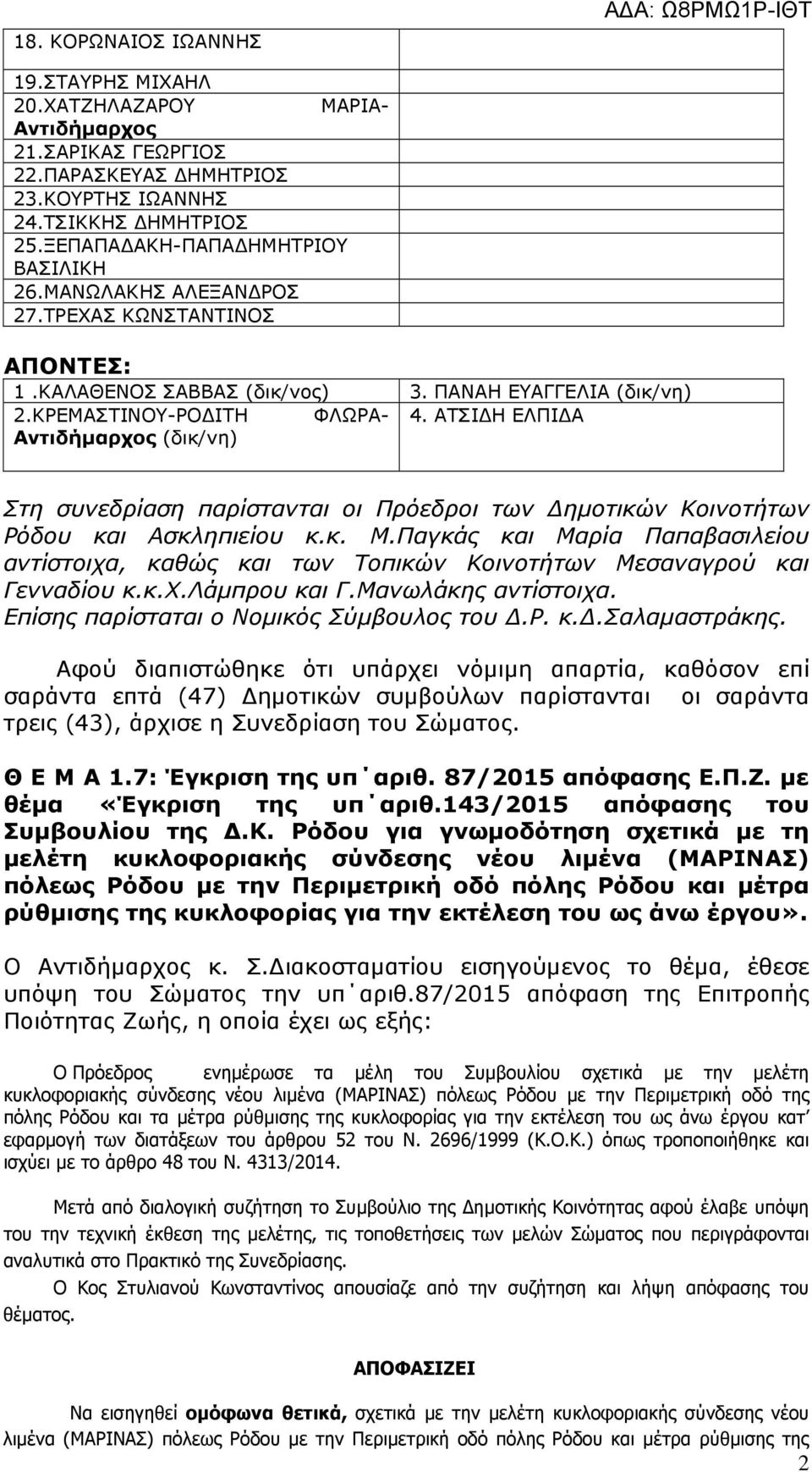 ΑΤΣΙ Η ΕΛΠΙ Α Αντιδήµαρχος (δικ/νη) Στη συνεδρίαση παρίστανται οι Πρόεδροι των ηµοτικών Κοινοτήτων Ρόδου και Ασκληπιείου κ.κ. Μ.