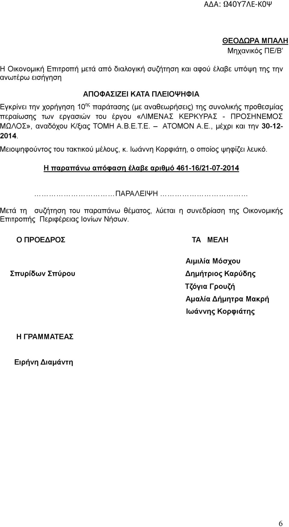 Μειοψηφούντος του τακτικού μέλους, κ. Ιωάννη Κορφιάτη, ο οποίος ψηφίζει λευκό.