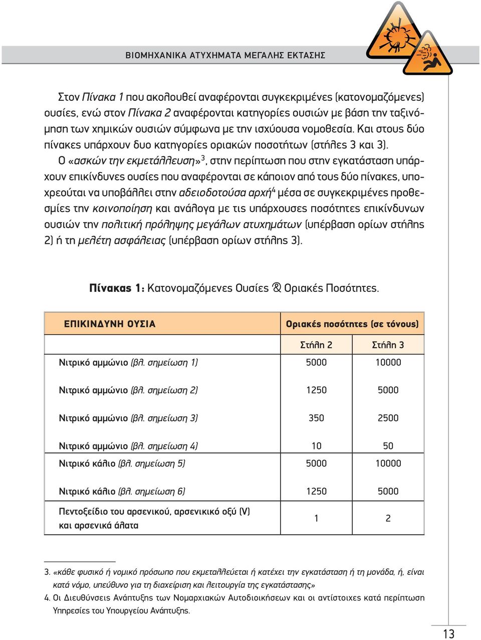 Ο «ασκών την εκμετάλλευση» 3, στην περίπτωση που στην εγκατάσταση υπάρχουν επικίνδυνες ουσίες που αναφέρονται σε κάποιον από τους δύο πίνακες, υποχρεούται να υποβάλλει στην αδειοδοτούσα αρχή 4 μέσα