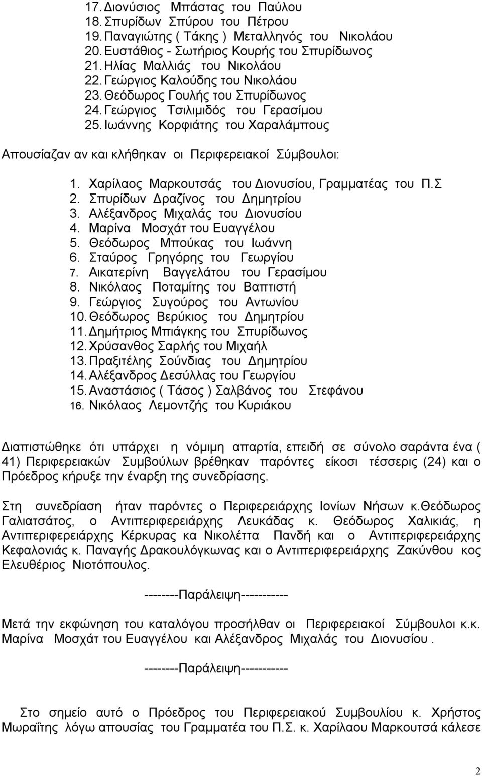 Χαρίλαος Μαρκουτσάς του Διονυσίου, Γραμματέας του Π.Σ 2. Σπυρίδων Δραζίνος του Δημητρίου 3. Αλέξανδρος Μιχαλάς του Διονυσίου 4. Μαρίνα Μοσχάτ του Ευαγγέλου 5. Θεόδωρος Μπούκας του Ιωάννη 6.