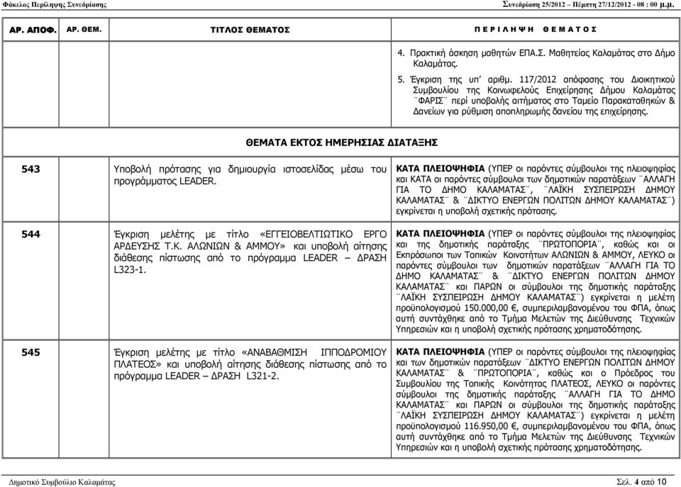 ΘΕΜΑΤΑ ΕΚΤΟΣ ΗΜΕΡΗΣΙΑΣ ΙΑΤΑΞΗΣ 543 Υποβολή πρότασης για δηµιουργία ιστοσελίδας µέσω του προγράµµατος LEADER. 544 Έγκριση µελέτης µε τίτλο «ΕΓΓΕΙΟΒΕΛΤΙΩΤΙΚΟ ΕΡΓΟ ΑΡ ΕΥΣΗΣ Τ.Κ. ΑΛΩΝΙΩΝ & ΑΜΜΟΥ» και υποβολή αίτησης διάθεσης πίστωσης από το πρόγραµµα LEADER ΡΑΣΗ L323-1.