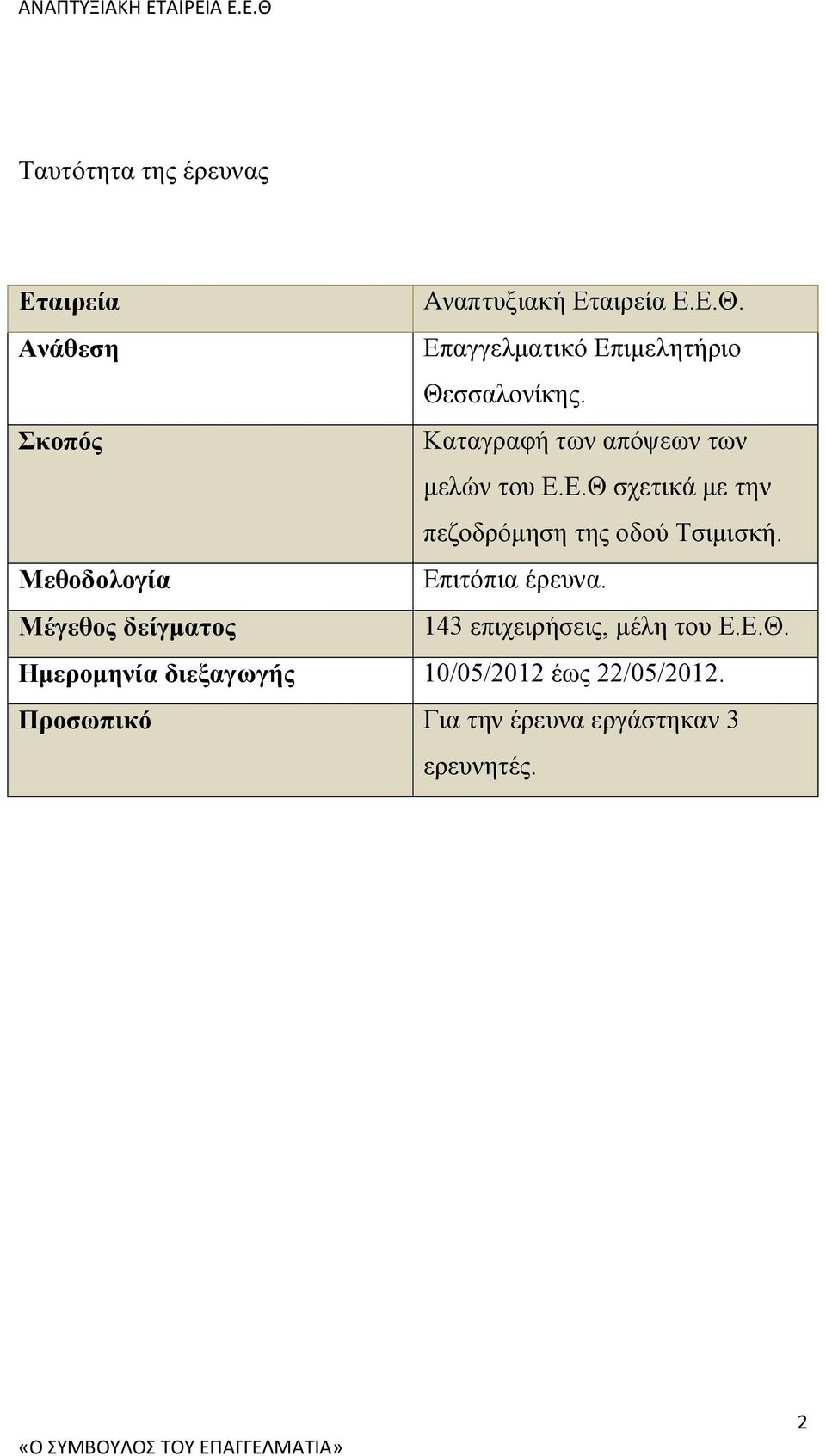 Μεθοδολογία Επιτόπια έρευνα. Μέγεθος δείγματος 143 επιχειρήσεις, μέλη του Ε.Ε.Θ.