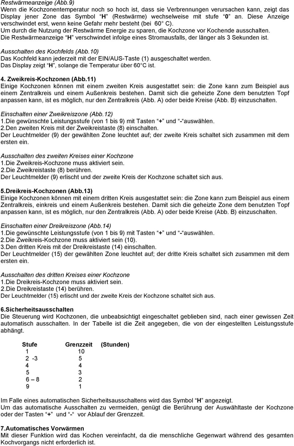 Die Restwärmeanzeige H verschwindet infolge eines Stromausfalls, der länger als 3 Sekunden ist. Ausschalten des Kochfelds (Abb.